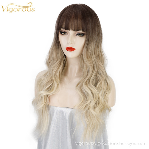Vigorous Natural Cosplay Synthetic Non Lace Front 24 Inch Long Wavy Ombre Wig Synthetic Hair Wigs With Bangs For Black Women